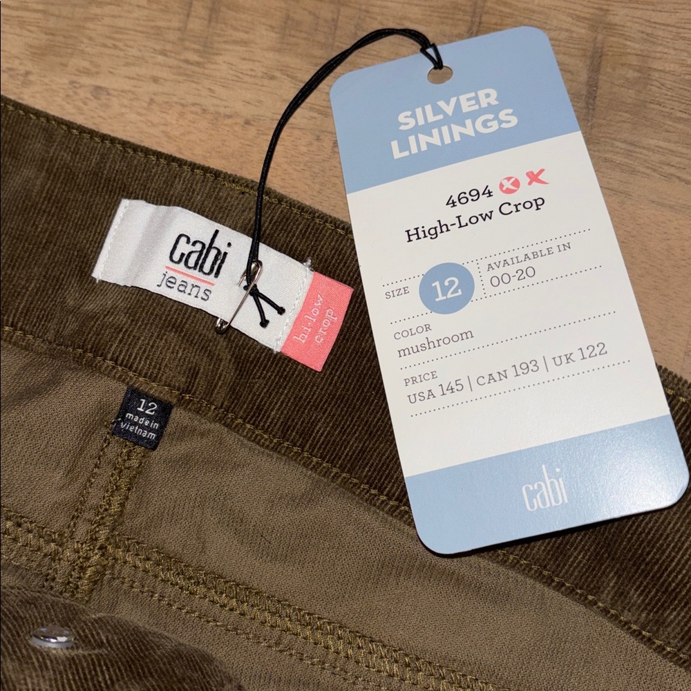 CAbi Jeans Corduroy High-Low Crop Pants Mushroom 12 NWT NEW - Picture 6 of 9
